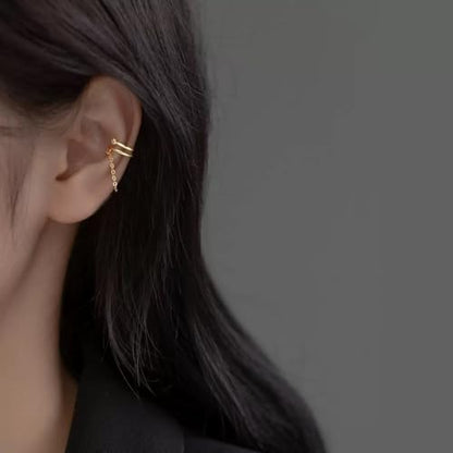 14K Gold Plated Double Layer Cuff Earring with Chain & Cubic Zirconia, Minimalist Dangle Ear Cuff for Women, No Piercing Needed