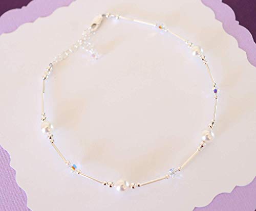 Anklet White Pearl & Iridescent Crystal Sterling Silver Beach Wedding Bridesmaid Anniversary Gift - style: Large 9 1/2 to 11"