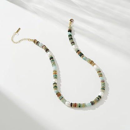 KissYan Beaded Gemstone Necklaces for Women | Colorful Bead Natural Stone Choker with 14K Gold Plated Spring Ring Clasp, Handmade Knot Jewelry for Summer Beach - color: D-Green Aventurine