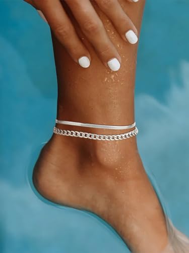FOCALOOK Anklet Bracelets Set for Women, 14K Gold Plated Layered Anklet Set | Adjustable for Large Ankle, Cuban/Snake/Figaro/Paperclip Chain, Waterproof & Non Tarnish for Everyday Wear, Beach & Summer - color: A:2Pcs-Anklet Set-Silver