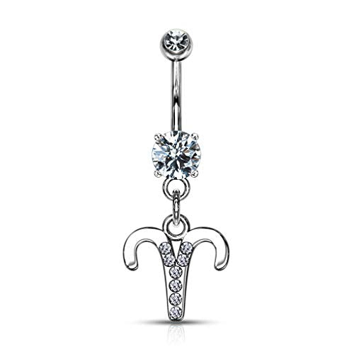 Forbidden Body Jewelry Surgical Steel CZ Jeweled Zodiac Sign Dangle Belly Button Ring - style: Aries