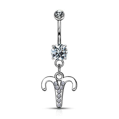 Forbidden Body Jewelry Surgical Steel CZ Jeweled Zodiac Sign Dangle Belly Button Ring - style: Aries