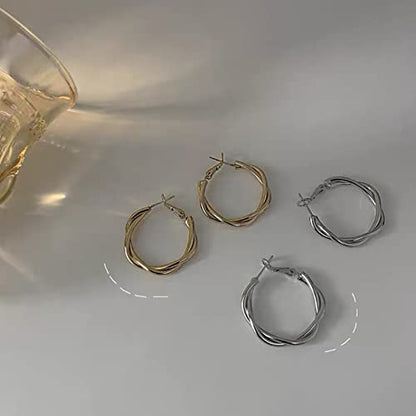 Hoop Earrings for Women, 14K Gold Sterling Silver Chunky Twisted Hoops Earring Hypoallergenic Ear Jewelry - color: Silver-28mm