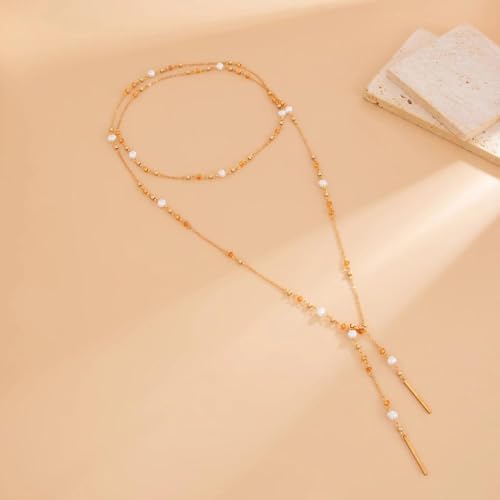 Long Layered Faux Pearl Beaded Chain Necklace for Women,Boho Y Body Chain Gold Drop Lariat Necklace Dainty Statement Fashion Jewelry Gifts - color: Golden