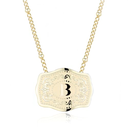 14K Gold-Plated Initial Necklace for Women, Western Belt Buckle Letter Pendant, Alphabet Necklace Includes 2 Chains, Cowgirl Jewelry Gift - color: B