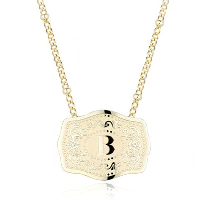 14K Gold-Plated Initial Necklace for Women, Western Belt Buckle Letter Pendant, Alphabet Necklace Includes 2 Chains, Cowgirl Jewelry Gift - color: B