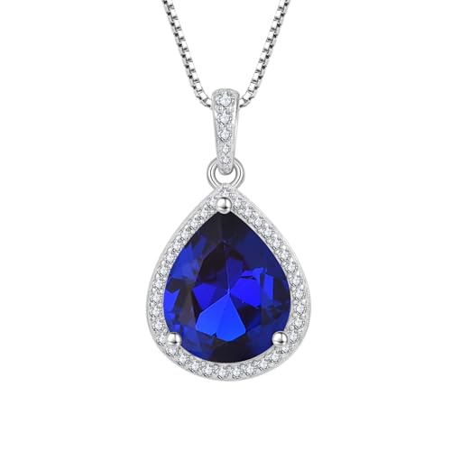 FJ Teardrop Pendant Necklace 925 Sterling Silver Birthstone Jewelry for Women - color: 09 September-Sapphire