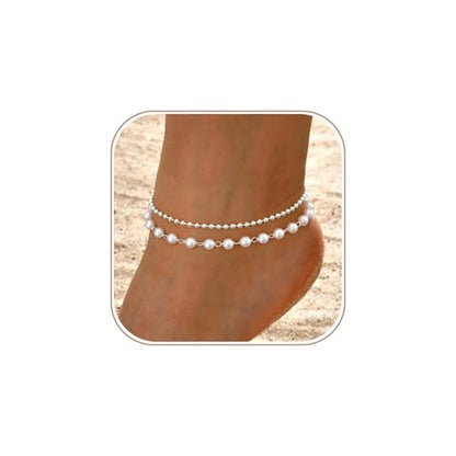 Gold Ankle Bracelets for Women, Dainty 14K Gold Plated Anklets for Women Waterproof Cuban Link Chain Pearl Anklet Set Trendy Layered Stackable Ankle Bracelet Non Tarnish Jewelry for Her - color: A0112