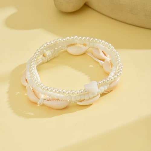 3PCS Boho Anklets for Women Summer Beach Women's Ankle Bracelets Beaded Anklet Bracelet Waterproof Beach Anklets Shell Starfish Anklet Foot Chain Jewelry for Women - color: 3PCS/white