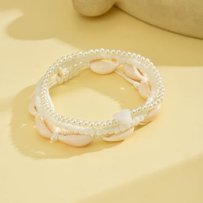 3PCS Boho Anklets for Women Summer Beach Women's Ankle Bracelets Beaded Anklet Bracelet Waterproof Beach Anklets Shell Starfish Anklet Foot Chain Jewelry for Women - color: 3PCS/white