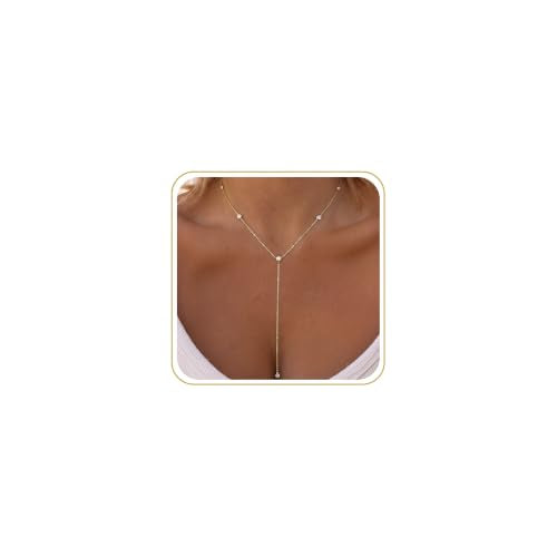 Tewiky Dainty Diamond Lariat Necklace for Women, Long Y Necklace | 14K Gold/Sterling Silver Plated Non Tarnish Necklace, Waterproof Drop Chain for Prom Wedding,Beach Summer Body Chian,Jewelry - color: Gold