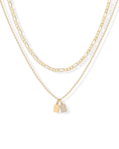 PAVOI Initial Necklace for Women, 14K Gold Plated Double Dog Tag CZ Pendant | Dainty Necklace, Letter Tag Necklace, Cubic Zirconia Pendant, Box Chain Necklace - style: - C