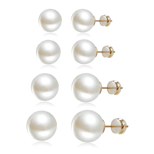 4 Pairs Pearl Stud Earrings Sterling Silver Earring Set | 14K Plated Gold Hypoallergenic Earring stud Large size Round pearl 8mm-14mm Set Earrings for women - style: Round-4 Pairs