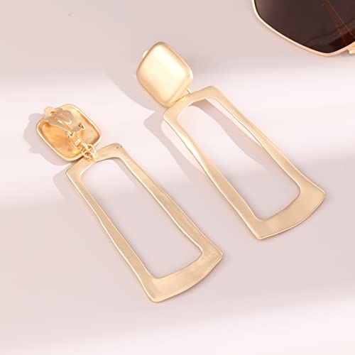 Gold Metal Clip On Earrings for Women Non Pierced Dangle Drop Earrings Multiple Styles - color: gold rectangular + waterdrop hollow