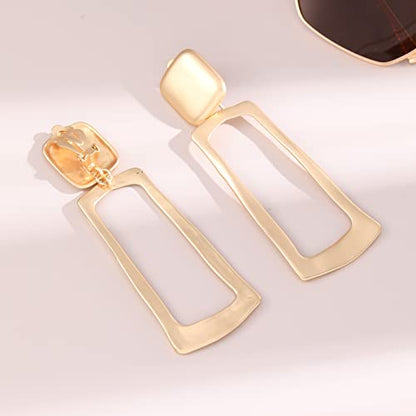 Gold Metal Clip On Earrings for Women Non Pierced Dangle Drop Earrings Multiple Styles - color: gold rectangular + waterdrop hollow