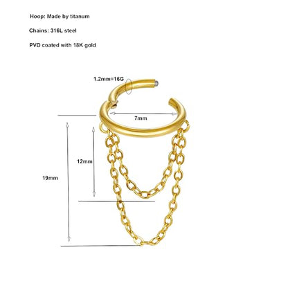 16G Titanium Cartilage Earrings Hoop 7mm 9mm Helix Piercing Jewelry with Single/Double/Triple Chains Hypoallergenic Hinged Clicker - style: gold 2 chains 7mm