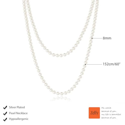 Zeffy Pearl Necklace 4MM/6MM/8MM Dainty Round Imitation Pearl Choker Necklace Wedding Pearl Necklace Delicate Jewelry for Women Simple Bridesmaid Jewelry Gifts - style: 8mm Long Pearl Necklaces(60")