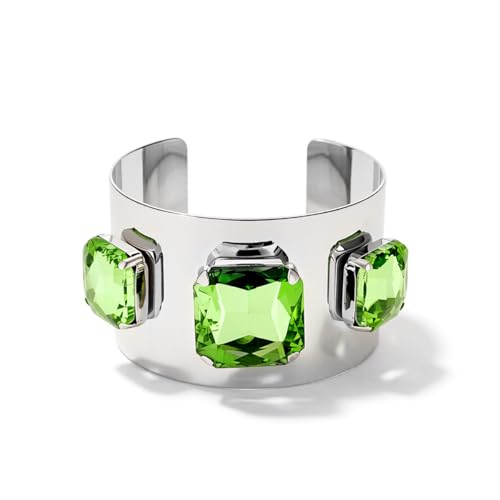 Punk Square Crystal Open Bracelet for Women Fashion Wide Cuff Bangle Bracelets Shiny Rhinestone Rectangle Charm Bangle Geometric Statement Jewelry Gifts - color: Green