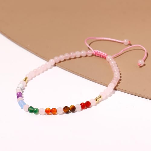 Colorful 7 Chakra Gemstones Beaded Anklet for Women Foot Jewelry | Adjustable 8.5-10 in, Ankle Bracelets for Women, Handmade, Positive Energy, Balance, Yoga, Meditation, Beach, Party, Vacation - style: Rose Quartz
