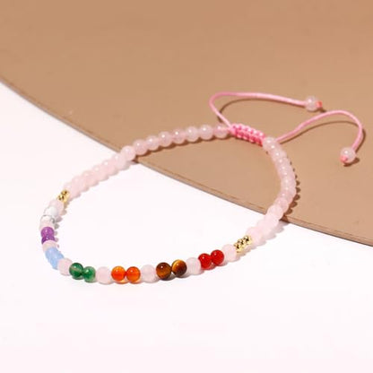 Colorful 7 Chakra Gemstones Beaded Anklet for Women Foot Jewelry | Adjustable 8.5-10 in, Ankle Bracelets for Women, Handmade, Positive Energy, Balance, Yoga, Meditation, Beach, Party, Vacation - style: Rose Quartz