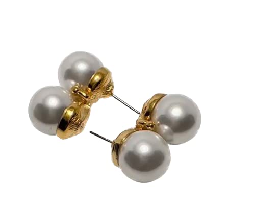 14mm Double Pearl Earring with 2 Crystal Accents, Gold or Silver Setting. Pierced or Clip - color: White/Gold/Pierced