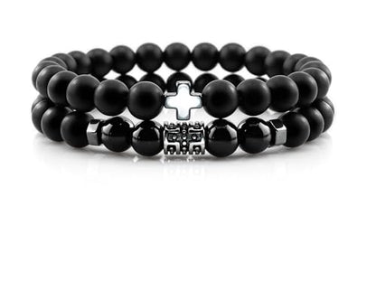 Flybar Men's 4 Piece Beaded Bracelet Set, Natural Lava Stone Black Onyx Matte Agate Tiger Eye, Stretchable Elastic Handmade Stackable - color: CK15 Matte Black Cross