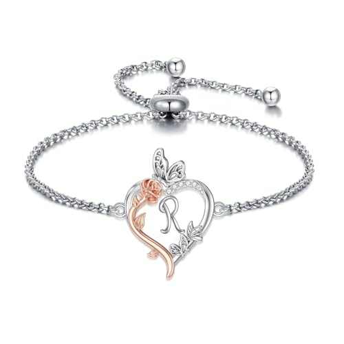 TOUPOP Gifts for Women Rose Heart Initial Bracelet 925 Sterling Silver Butterfly Letter Link Bracelet Love Jewelry Anniversary Birthday Gifts for Wife Girlfriend Mom Her - style: Initial R