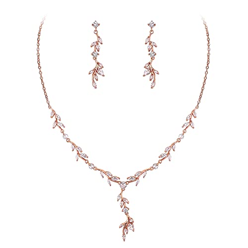 Crysdue Women's Wedding Bridal Jewelry Set for Brides Bridesmaids Cubic Zirconia Flower Leaf Vine Necklace Dangle Earrings for Prom Party - style: 4-rose gold