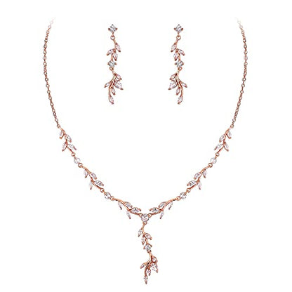 Crysdue Women's Wedding Bridal Jewelry Set for Brides Bridesmaids Cubic Zirconia Flower Leaf Vine Necklace Dangle Earrings for Prom Party - style: 4-rose gold