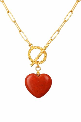 Gempires Gemstone Heart Pendant Necklace for Women, Gold Toggle Birthstone | Handmade gemstone heart pendant necklace — choose from 11 stones and birthstones, gold toggle paperclip chain. - color: Red Jasper