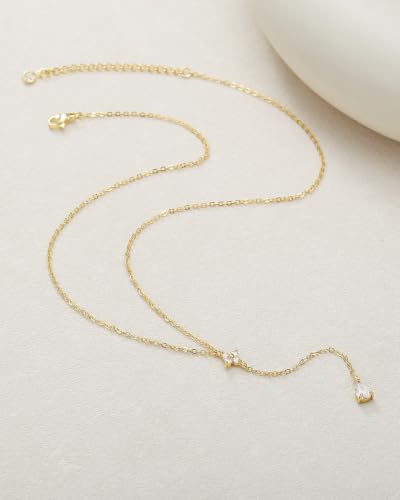Gold Necklace for Women Dainty 14K Gold Plated Lariat Necklace | Teardrop CZ Y Shaped Drop Necklaces Prom Necklace Long Necklace Simple Gold Jewelry For Women Gift - color: C GOLD