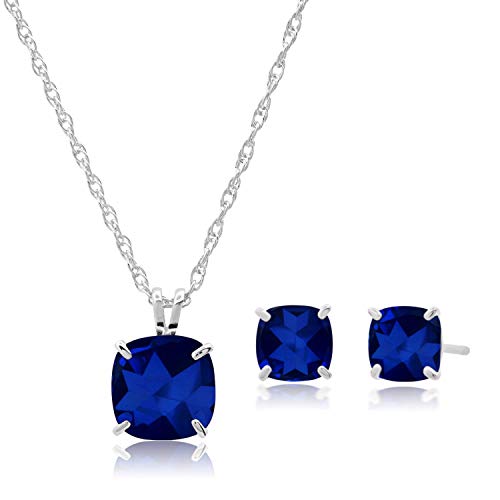 MAX + STONE 14k Gold Plated or Sterling Silver Cushion Cut Gemstone Stud Earrings and Pendant Necklace for Women with 6mm and 8mm Birthstones 18 Inch Chain and Push Backs Jewelry Set - style: Sterling Silver|Created Blue Sapphire