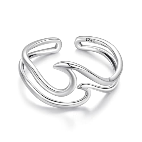 MUNDELL 925 Sterling Silver Simple Multi-layer Leaf Adjustable Ring Green Lucky Leaves Statement Ring for Women Promise Ring Fine Jewelry - color: White Silver