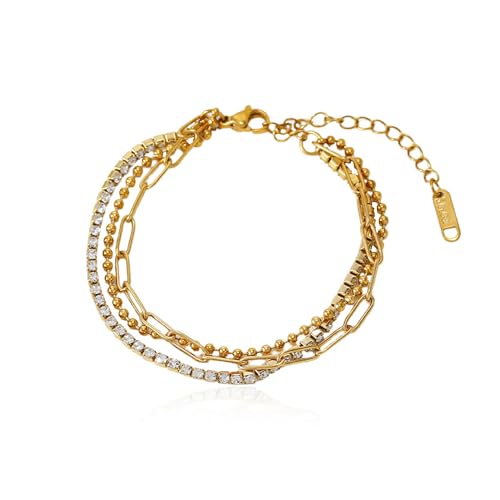 CTRLZTEAM 14K 18K Gold Plated Layered Bracelets for Women Stacked Bracelet | 14K 18K gold plated multi layer bracelets combine distinct chains with single clasp for instant pre-stacked style - style: Integrated 3-in-1 Layered Set