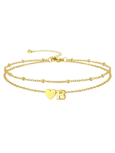 Ankle Bracelets for Women Waterproof 14K Gold/Silver/Black Initial Anklet for Women Dainty Layered Heart Ankle Bracelets Stainless Steel Adjustable Foot Chain Anklet Summer Beach Jewelry - color: B-Gold