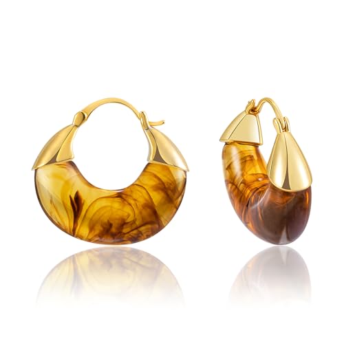 LAXPICOL Gold Chunky Dangle Earrings For Women Resin Stone Earrings Hoop Earrings, 18k Plated Oval Resin Stone Statement Earrings for Women Unique Dangling Teardrop Baroque Huggies Hoop Earrings - color: Brown-Teardrop 2