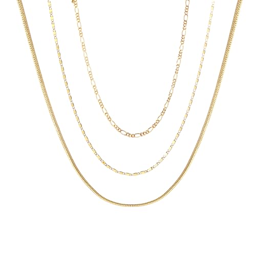 wgoud Gold Necklace for Women Waterproof,14K Real Gold Plated Herringbone Choker Necklace for Women Trendy, Dainty Gold Chain Necklaces Stack,Simple Layered Gold Necklaces for Women Jewelry Gifts - color: 3Pcs Gold Necklace A
