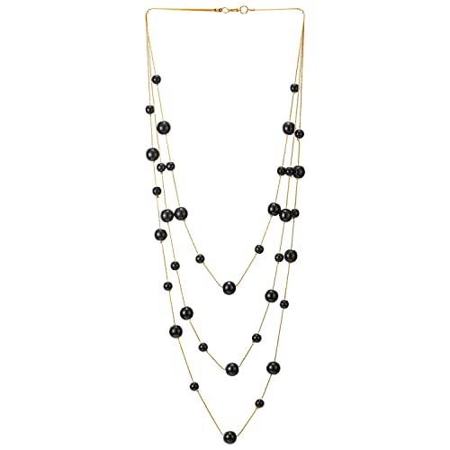 Statement Necklace Three-Strand Long Chains with Synthetic Pearl Beads, Elegant, Dress - color: E-Beads Color: Black