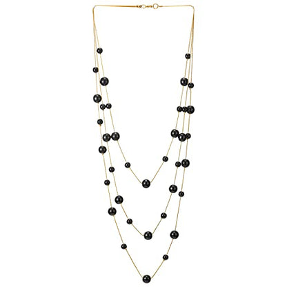 Statement Necklace Three-Strand Long Chains with Synthetic Pearl Beads, Elegant, Dress - color: E-Beads Color: Black