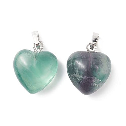 10Pcs Heart Stone Charm Pendants Natural Fluorite Gemstone Pendants with Platinum Brass Loops for DIY Necklace Keychains Earring Crafts Supplies - color: Fluorite