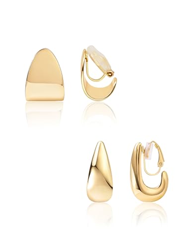FAN&LOUIS Gold and Silver Clip On Earrings for Women, Chunky Huggie Teardrop Clip-on for Non Pierced Ears - style: Set