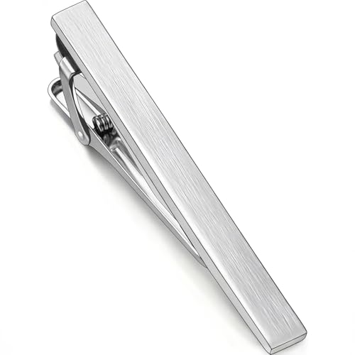 Brush Tie Clips for Men Gold Silver Black, Oahcizelm 2.36in Tie Bar & Pin | Solid Brass Tie Clips with Gift Box. Men's Accessories ideal for Business, Wedding, Formal Event, Husband, Boyfriend, Father - style: Silver