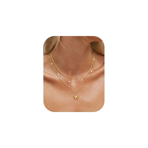 Shell Starfish Charm for Women, Dainty Layered 14K Gold Plated Seashell Conch Starfish Pearl Pendant Necklace for Women Stack Trendy Beach Cuban Link CZ Chain Necklace Summer Vacation Jewelry - color: 3PCS / Starfish & CZ Chain & Cuban