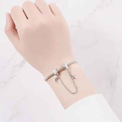 Spacer Stopper Beads for Bracelets & Necklaces, 925 Sterling Silver Beads | Smooth & Pave Cubic Zirconia (White, Blue, 18K Gold Plated) | Anti-Slide Separator Charms S925 Women Jewelry - color: Safety Chain Star and Moon