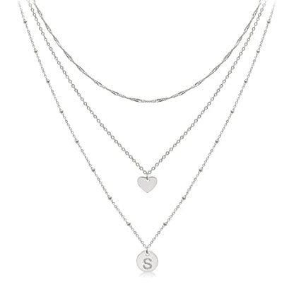 Layered Initial Choker Necklaces Handmade 14K Gold Plated Dainty Heart Personalized Letter Disc Pendant Layering Gold Necklaces for Women Gift Jewelry,Valentines Day Gifts for Mom Wife Girlfriend - style: S-Silver