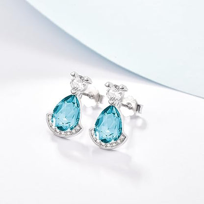 Birthstone Teardrop Crystal Stud Earrings for Women 925 Sterling Silver Solitaire Studs Halo Earrings for Birthday Gifts Teardrop Earrings for women - style: C March