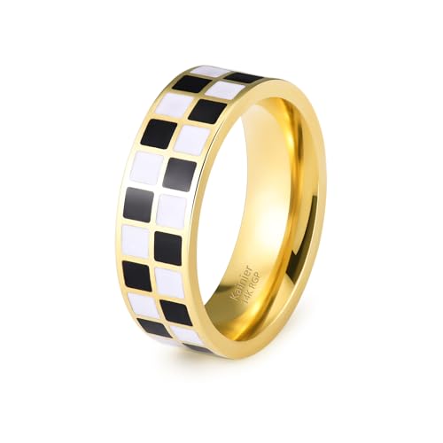 Kainier 6mm 14k Gold Plated Rings Polished Checkerboard Bands Knuckle Statement Pointer Finger Ring Comfort Fit Size 5-9 - color: grid rings