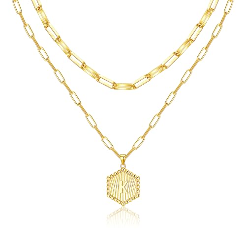 Layered Initial Necklace for Women | Gold Plated Paperclip Chain with Sunburst Hexagon Letter Pendant | Double Layer Alphabet Necklace | Personalized Minimalist Jewelry Gift - color: K