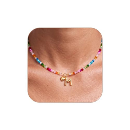 Initial Necklace for Women Colorful Beaded Necklaces Initial Heart Bubble Letter Necklace Summer Necklace Jewelry Gift - color: M
