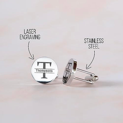 Custom engraved cufflinks for men, personalized wedding gift for groom, father of the bride & groom dad, best men, customized gold & silver cufflinks with dates, quotes or couples initials from bride - style: Initial Monogram
